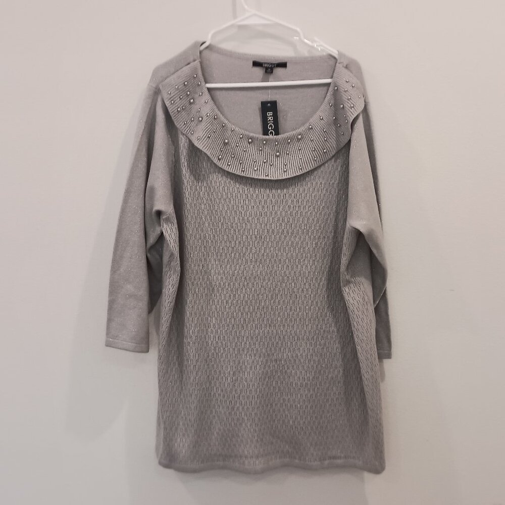 Briggs Silver Flex Grey Pearl 3/4 Sleeve Evening Holiday Top Sweater, 3X NEW